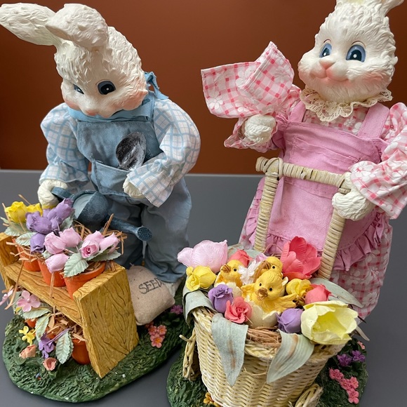Vintage Figurines Fabric Mache Spring Easter Bunnies Bunny Couple 13-14” Lot 2 - Picture 2 of 16